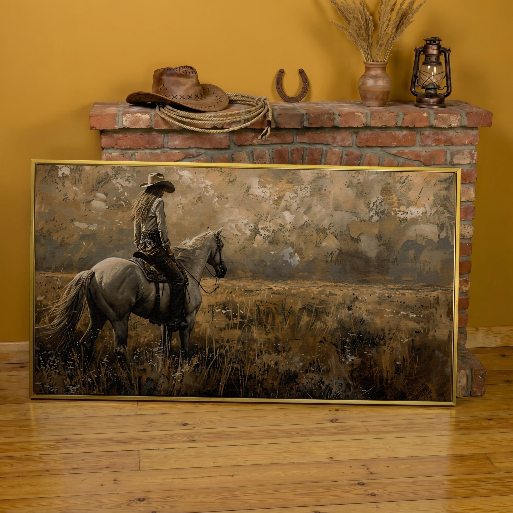 Cowgirl Riding Horse Canvas Print, Wide Panoramic Western Landscape in yellow gold floating frame