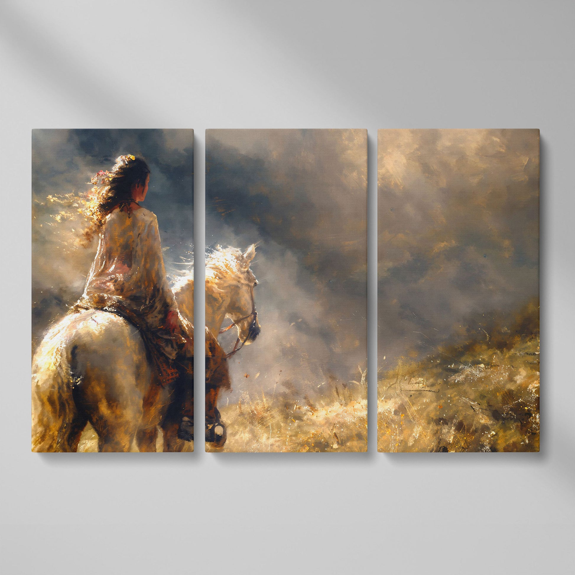 Woman on White Horse in Autumn Light Canvas as 3-panel split version
