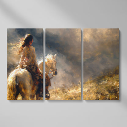 Woman on White Horse in Autumn Light Canvas as 3-panel split version