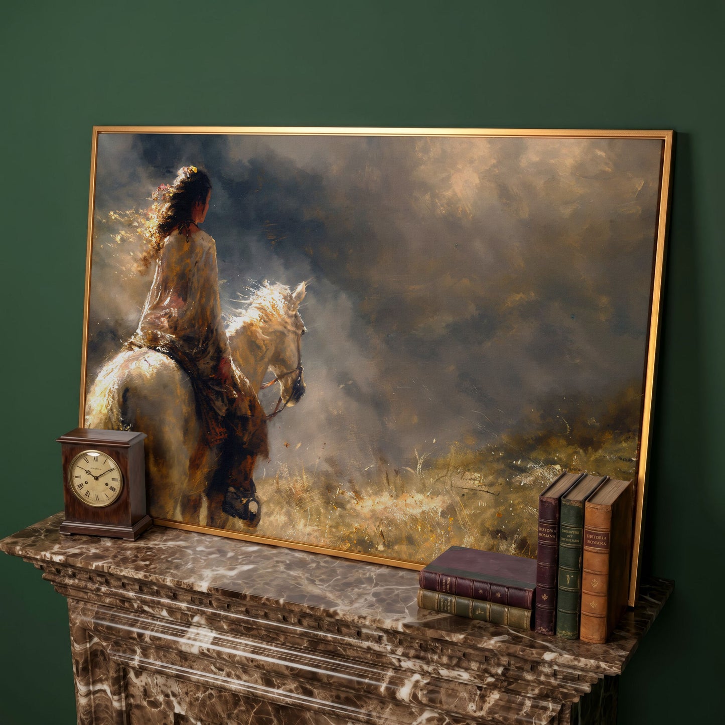 Woman on White Horse in Autumn Light Canvas in antique gold floating frame