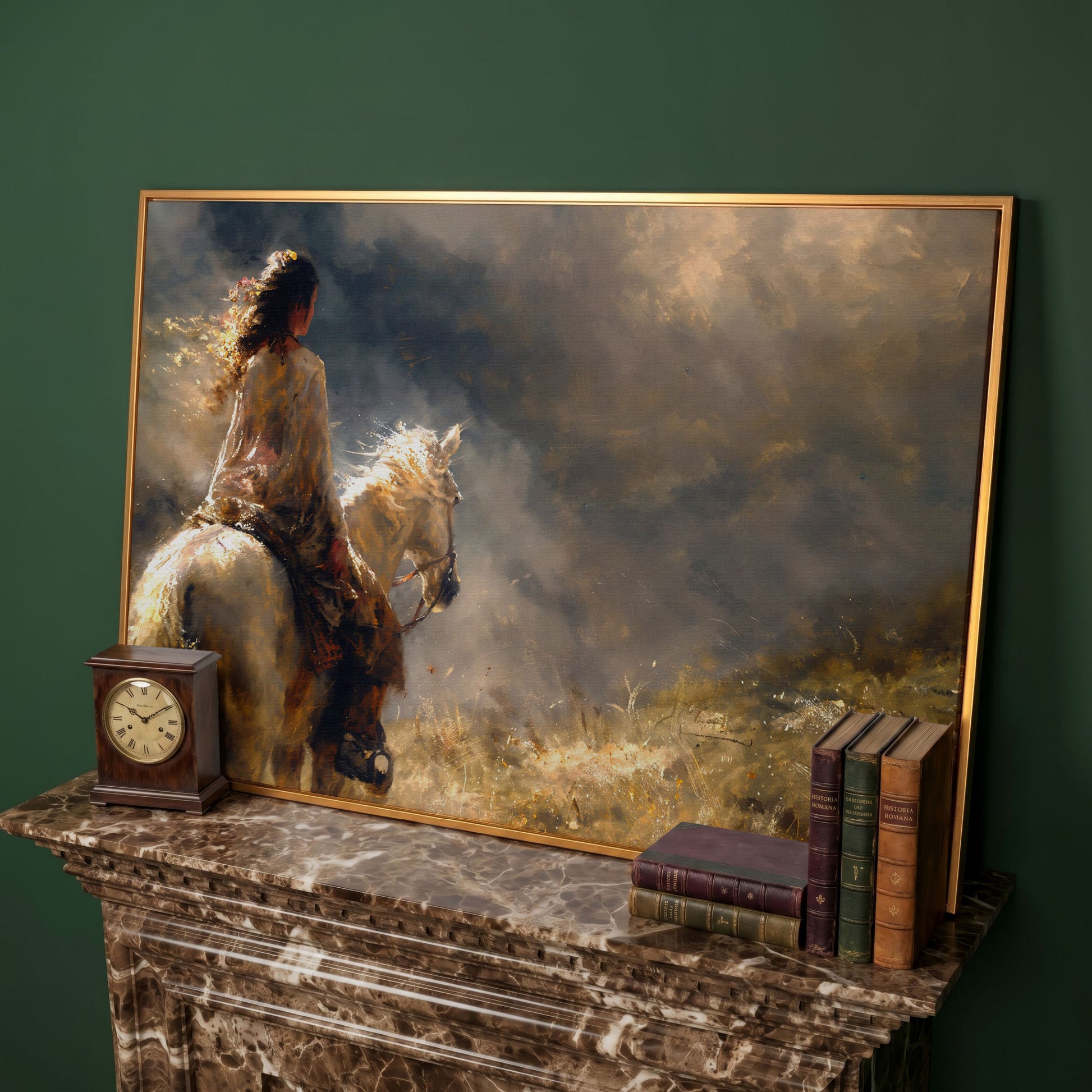 Woman on White Horse in Autumn Light Canvas in antique gold floating frame