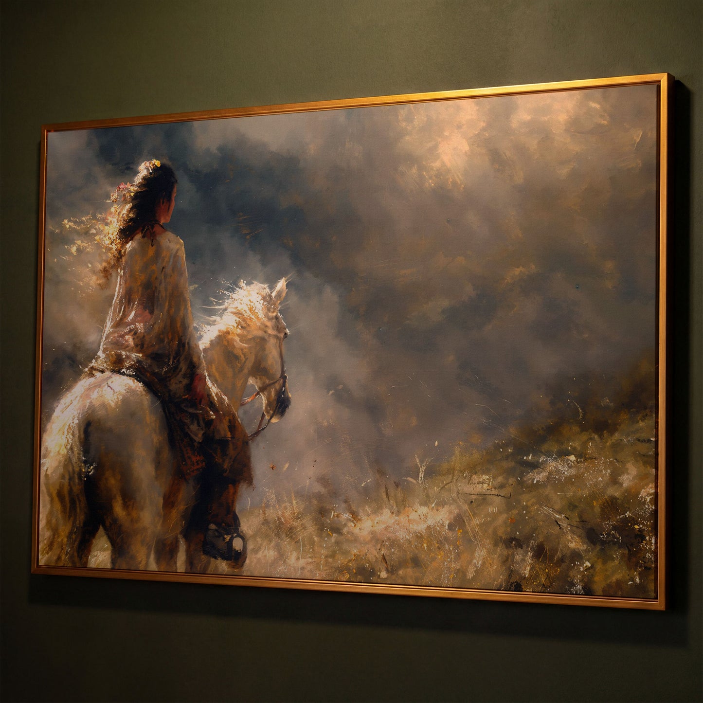 Woman on White Horse in Autumn Light Canvas shown in antique gold floating frame
