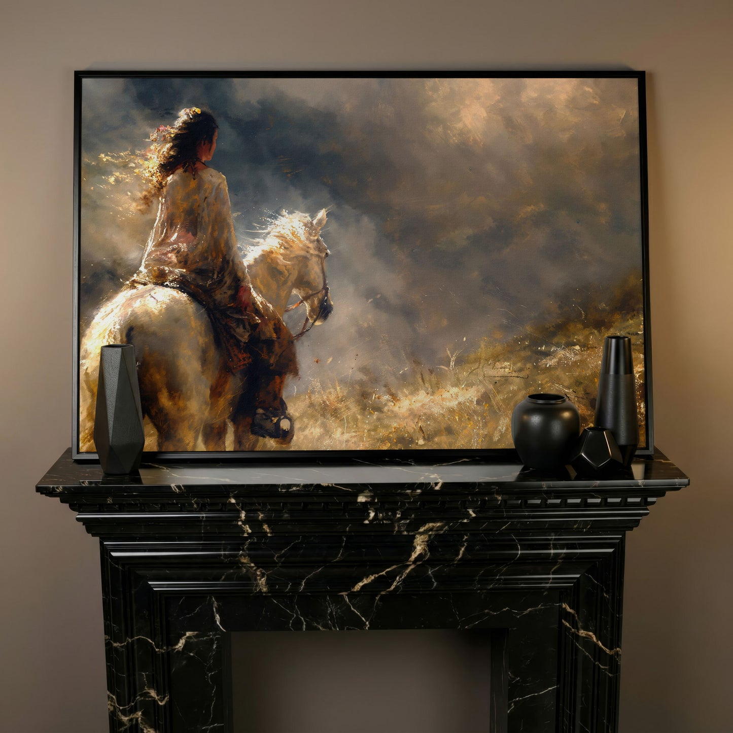 Woman on White Horse in Autumn Light Canvas in black floating frame