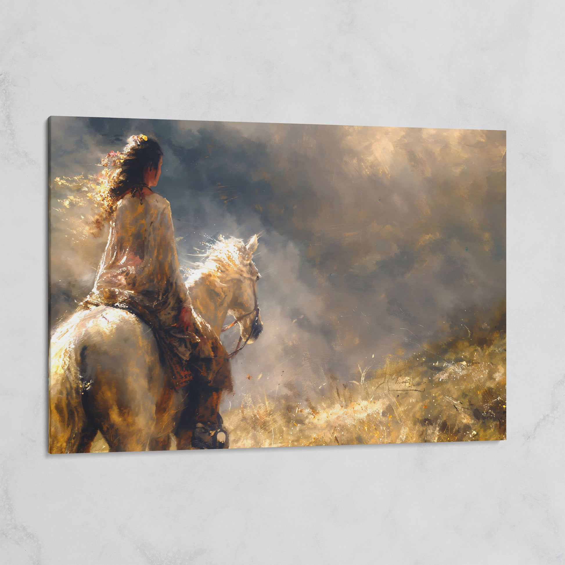 Woman on White Horse in Autumn Light Canvas on gallery wrap