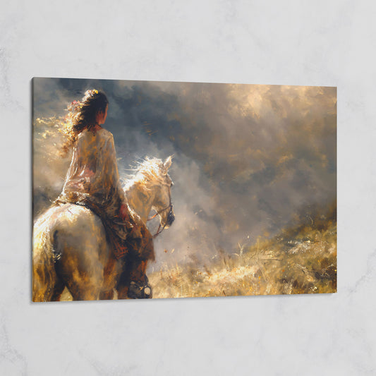 Woman on White Horse in Autumn Light Canvas on gallery wrap