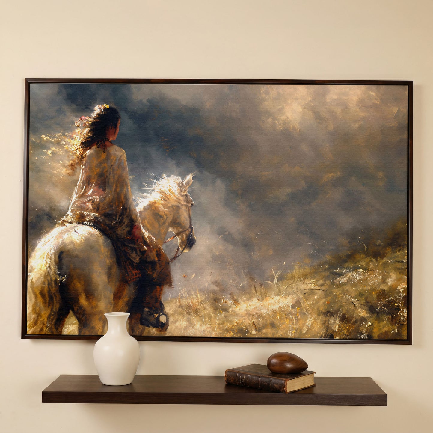 Woman on White Horse in Autumn Light Canvas in dark walnut floating frame