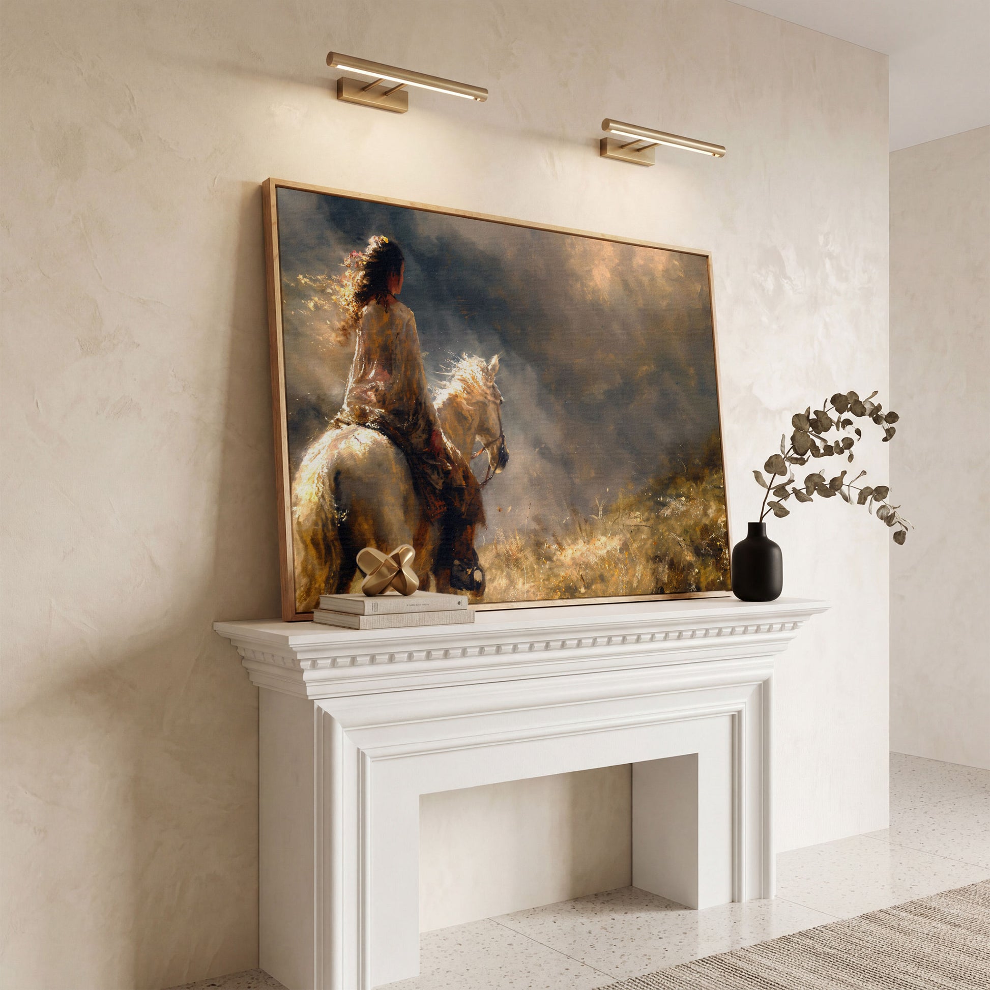 Woman on White Horse in Autumn Light Canvas in white oak floating frame