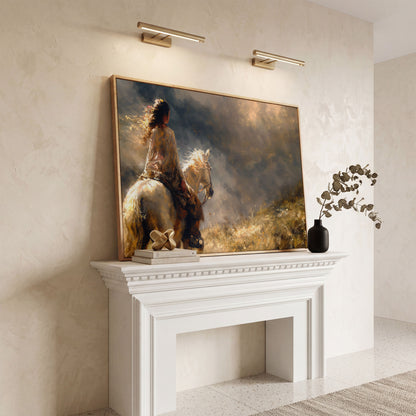 Woman on White Horse in Autumn Light Canvas in white oak floating frame