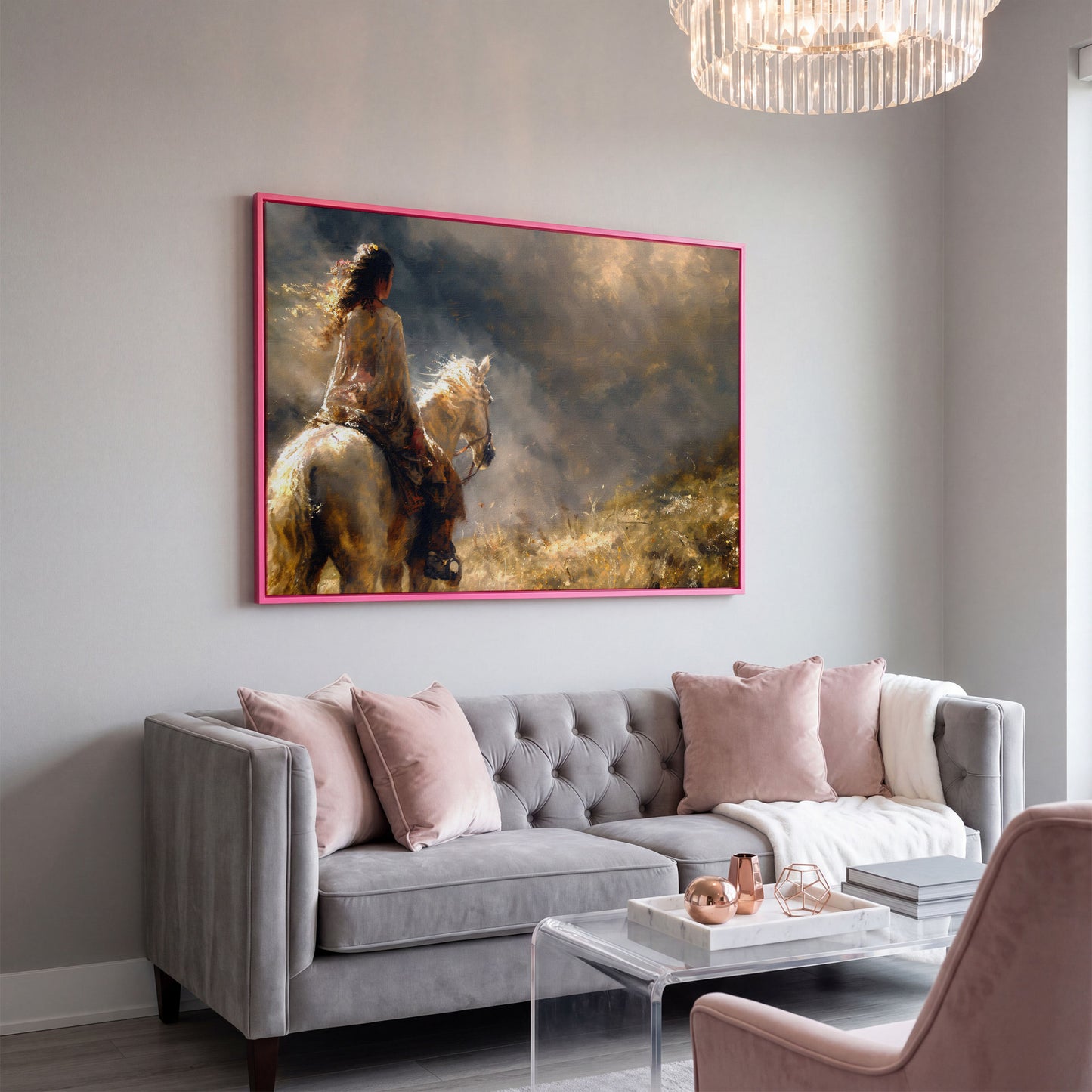 Woman on White Horse in Autumn Light Canvas in pink floating frame
