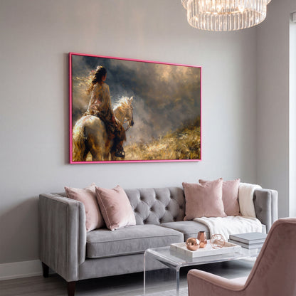 Woman on White Horse in Autumn Light Canvas in pink floating frame