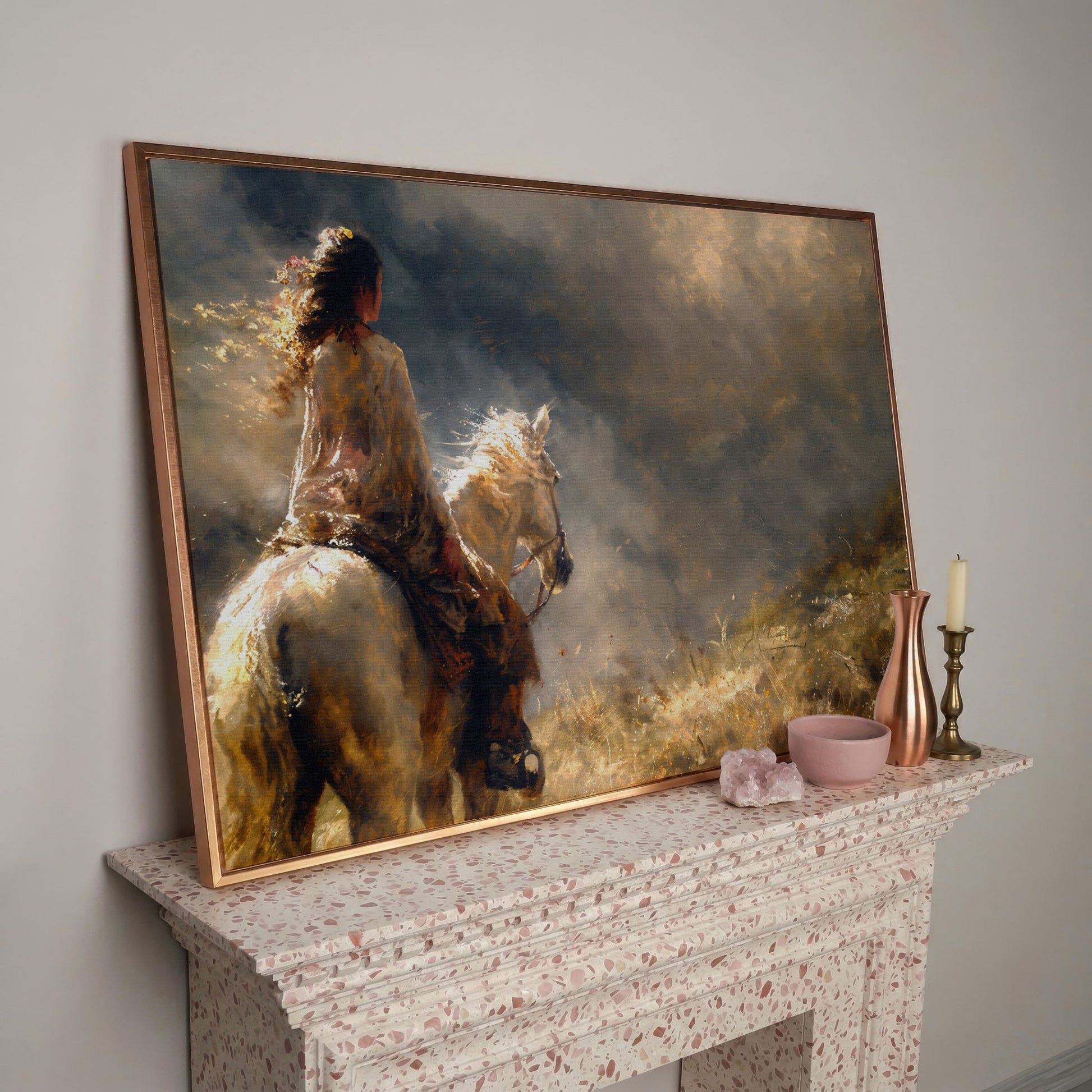 Woman on White Horse in Autumn Light Canvas in rose gold floating frame