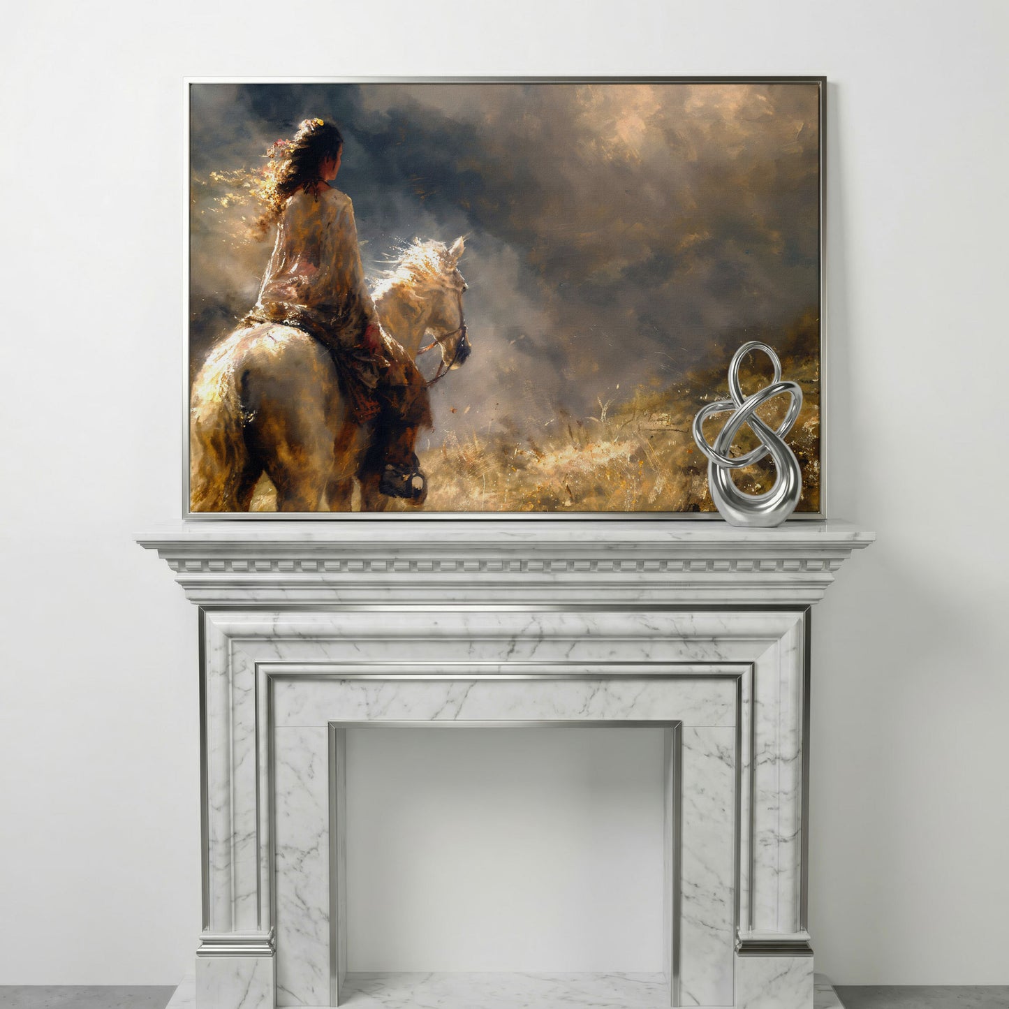 Woman on White Horse in Autumn Light Canvas in silver floating frame