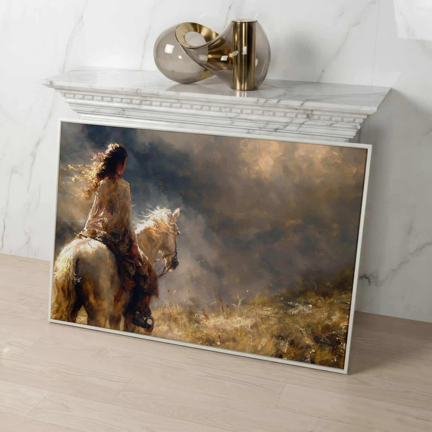 Woman on White Horse in Autumn Light Canvas in white floating frame