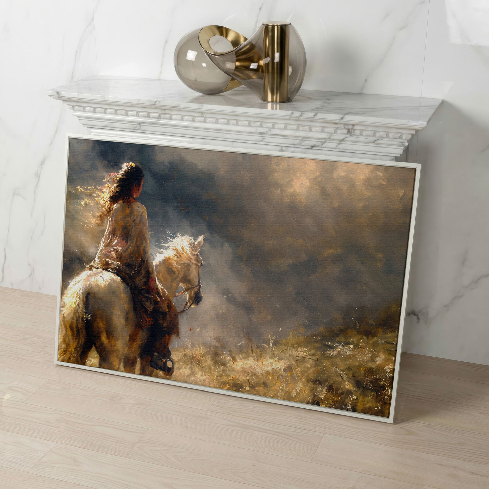 Woman on White Horse in Autumn Light Canvas in white floating frame