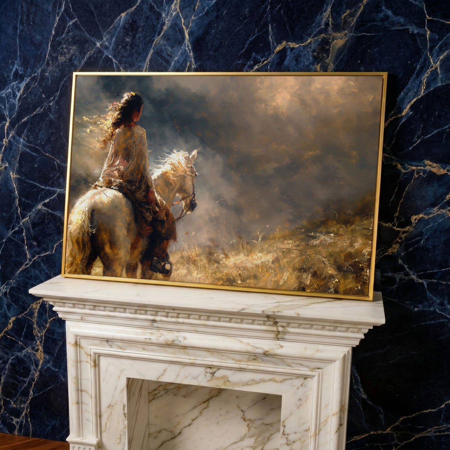 Woman on White Horse in Autumn Light Canvas in yellow gold floating frame