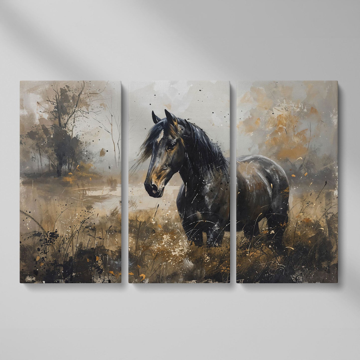 Black Wild Horse in Open Field Canvas as 3-panel split version