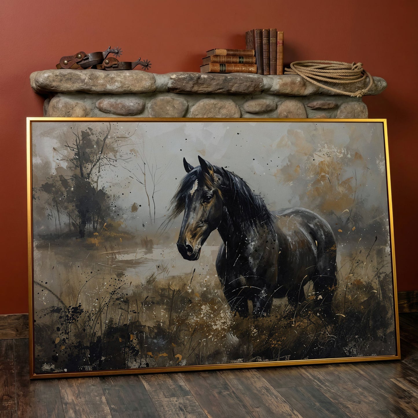 Black Wild Horse in Open Field Canvas in antique gold floating frame