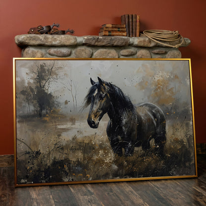 Black Wild Horse in Open Field Canvas in antique gold floating frame