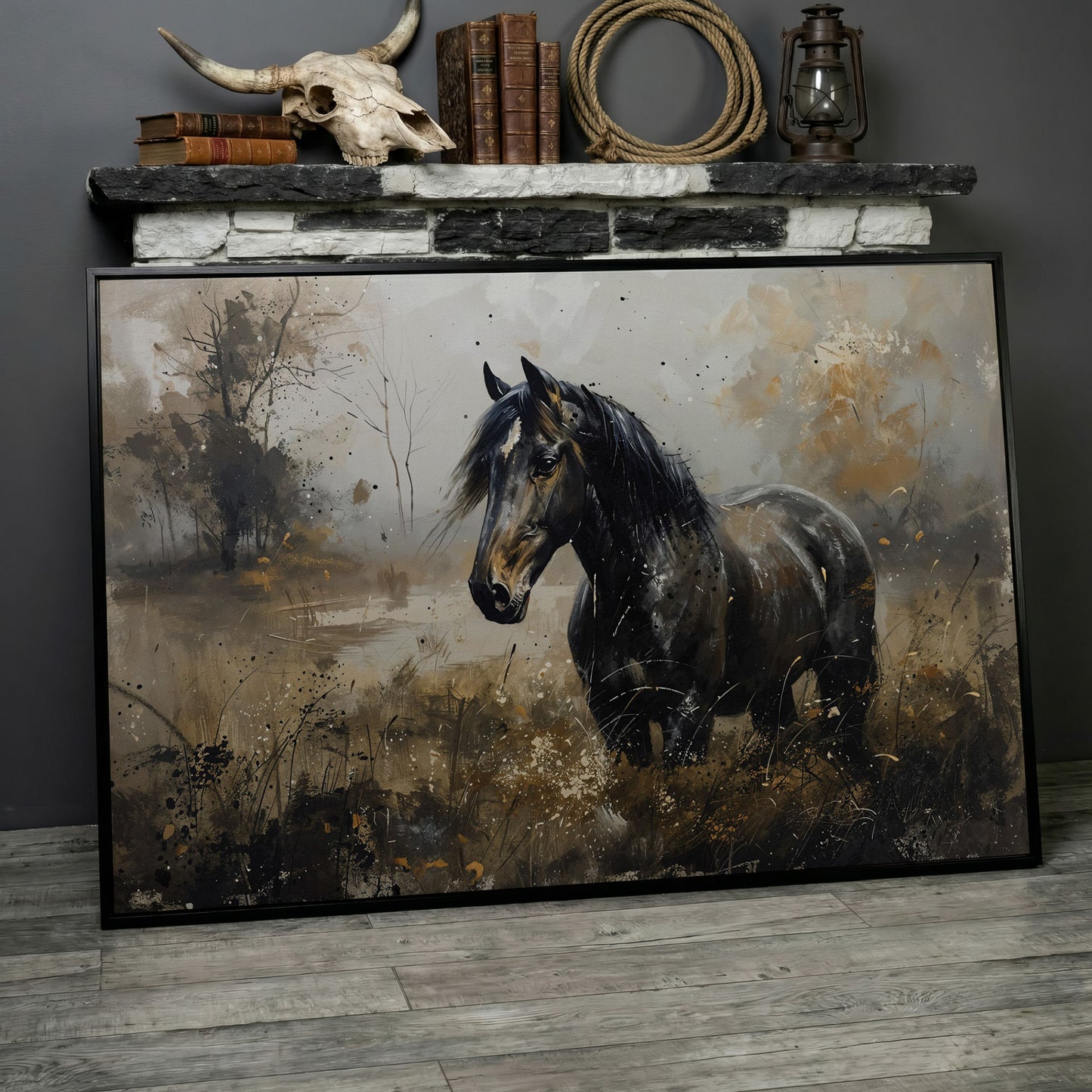 Black Wild Horse in Open Field Canvas in black floating frame