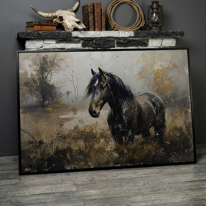 Black Wild Horse in Open Field Canvas in black floating frame