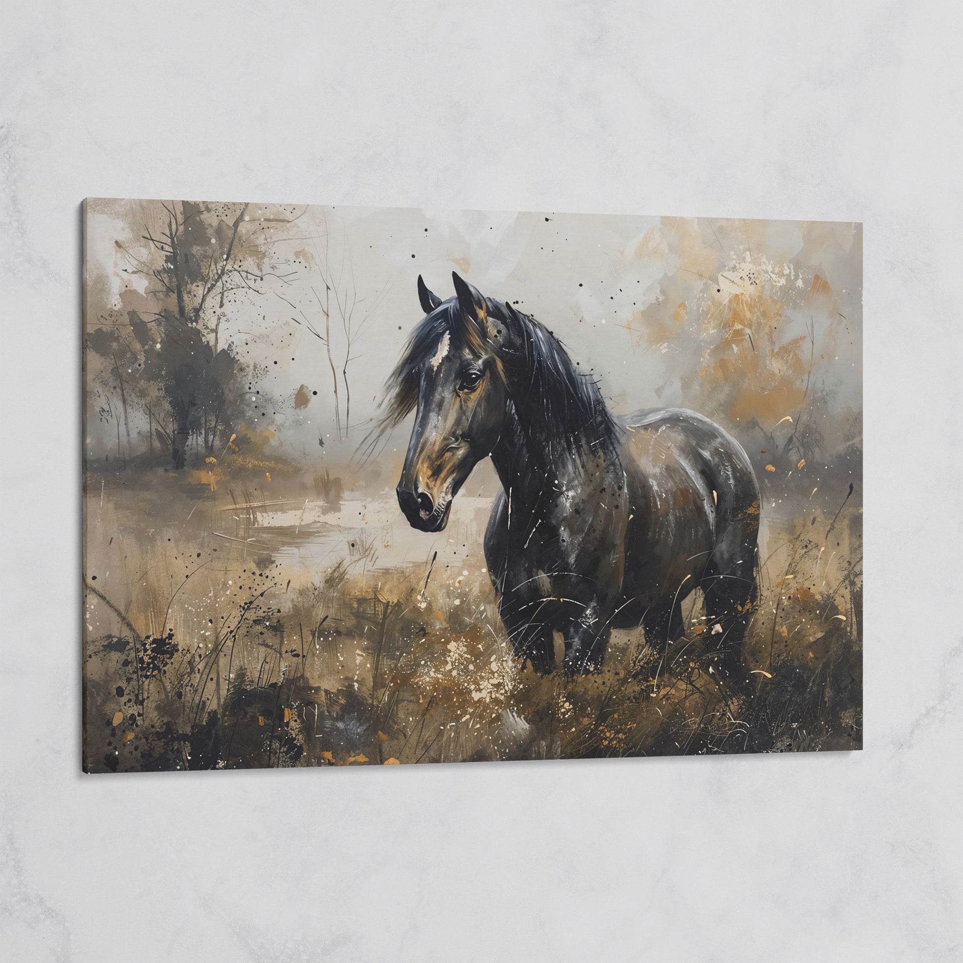 Black Wild Horse in Open Field Canvas on gallery wrap