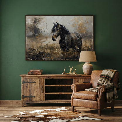 Black Wild Horse in Open Field Canvas in dark walnut floating frame