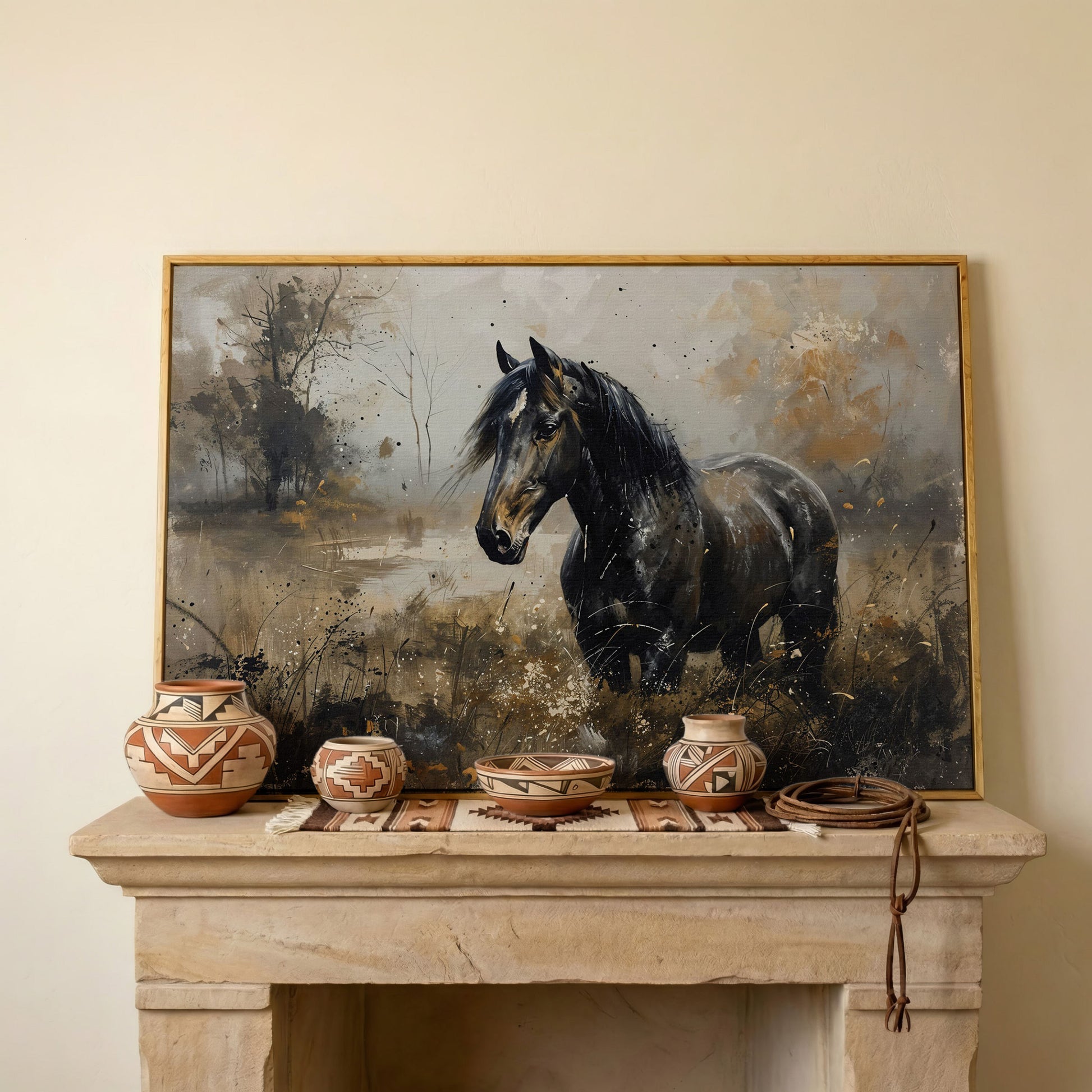 Black Wild Horse in Open Field Canvas in white oak floating frame
