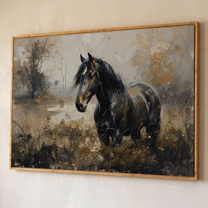 Black Wild Horse in Open Field Canvas shown in white oak floating frame