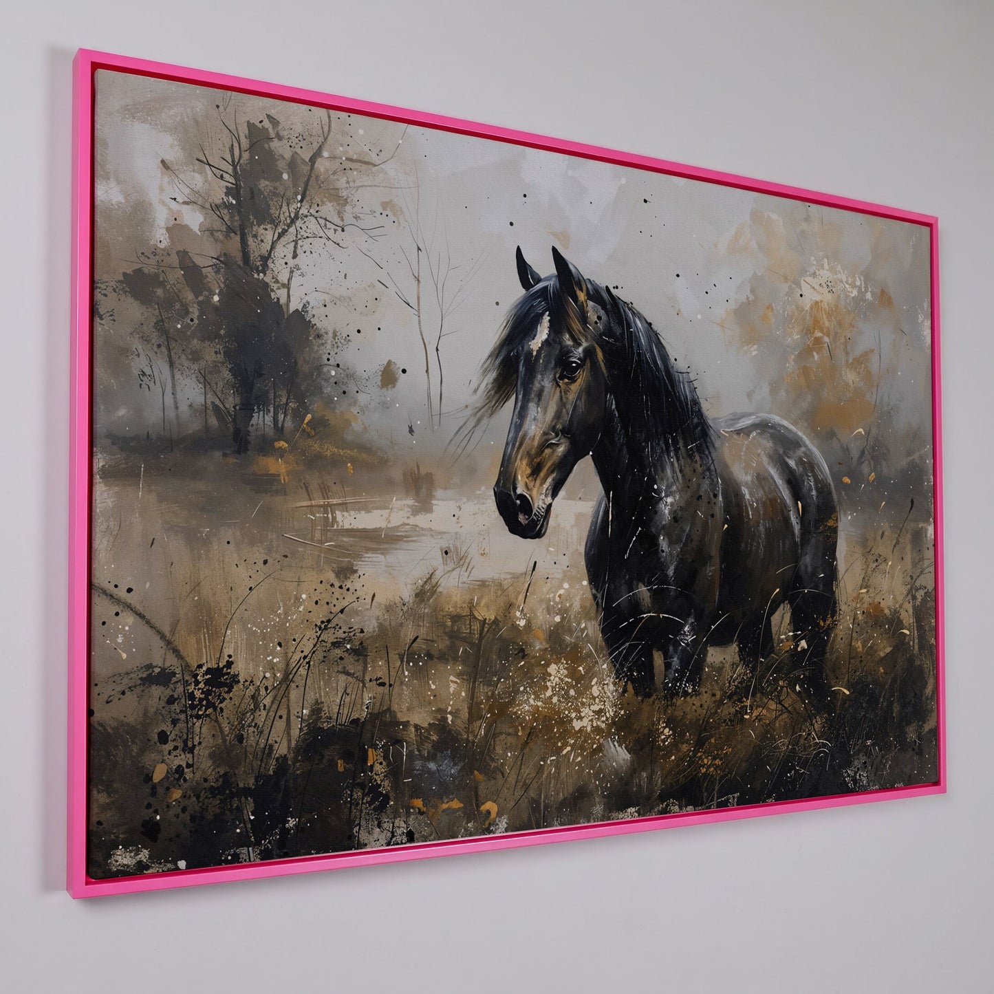 Black Wild Horse in Open Field Canvas in pink floating frame