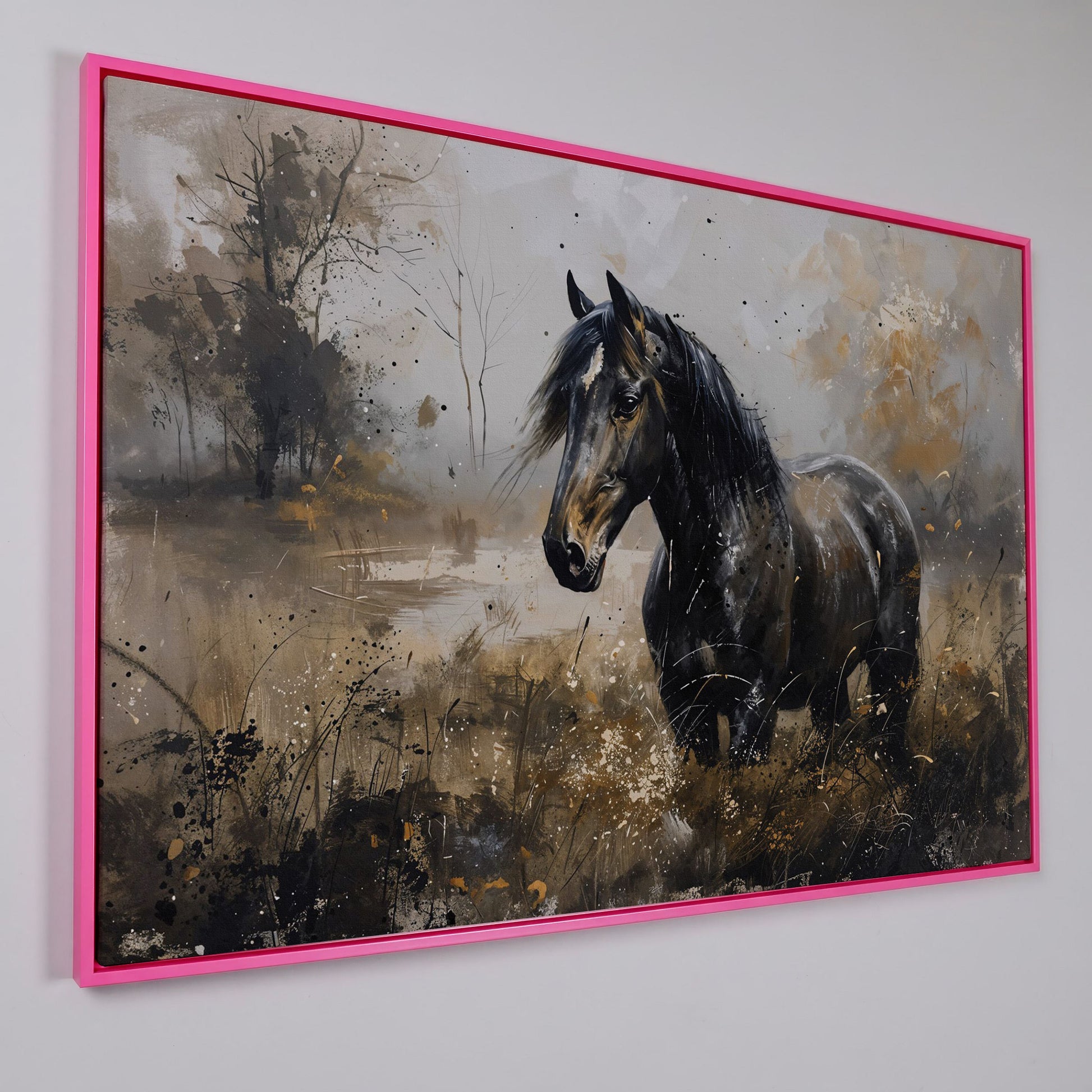 Black Wild Horse in Open Field Canvas in pink floating frame
