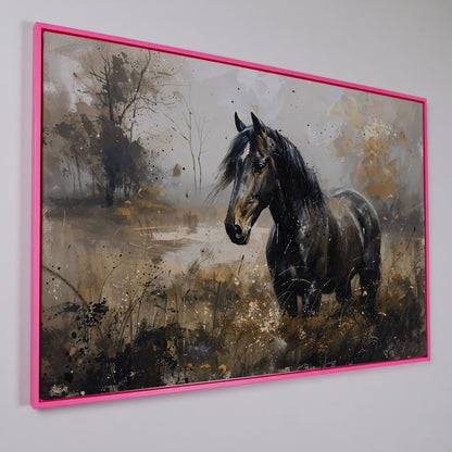 Black Wild Horse in Open Field Canvas in pink floating frame