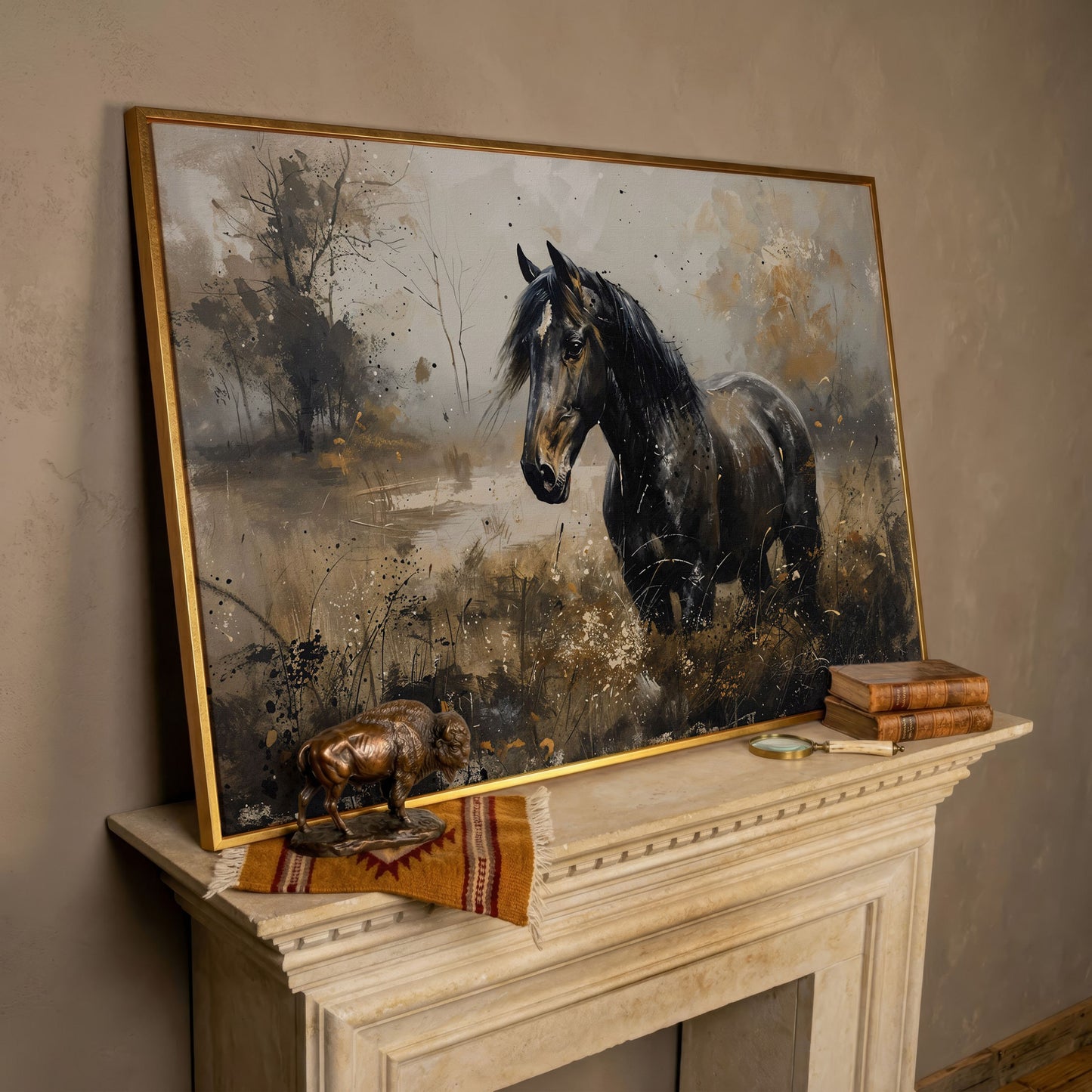 Black Wild Horse in Open Field Canvas in rose gold floating frame