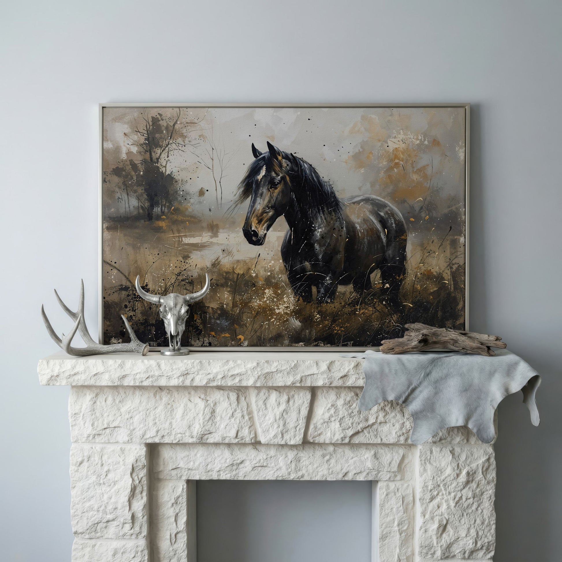 Black Wild Horse in Open Field Canvas in silver floating frame