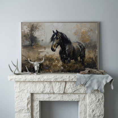 Black Wild Horse in Open Field Canvas in silver floating frame