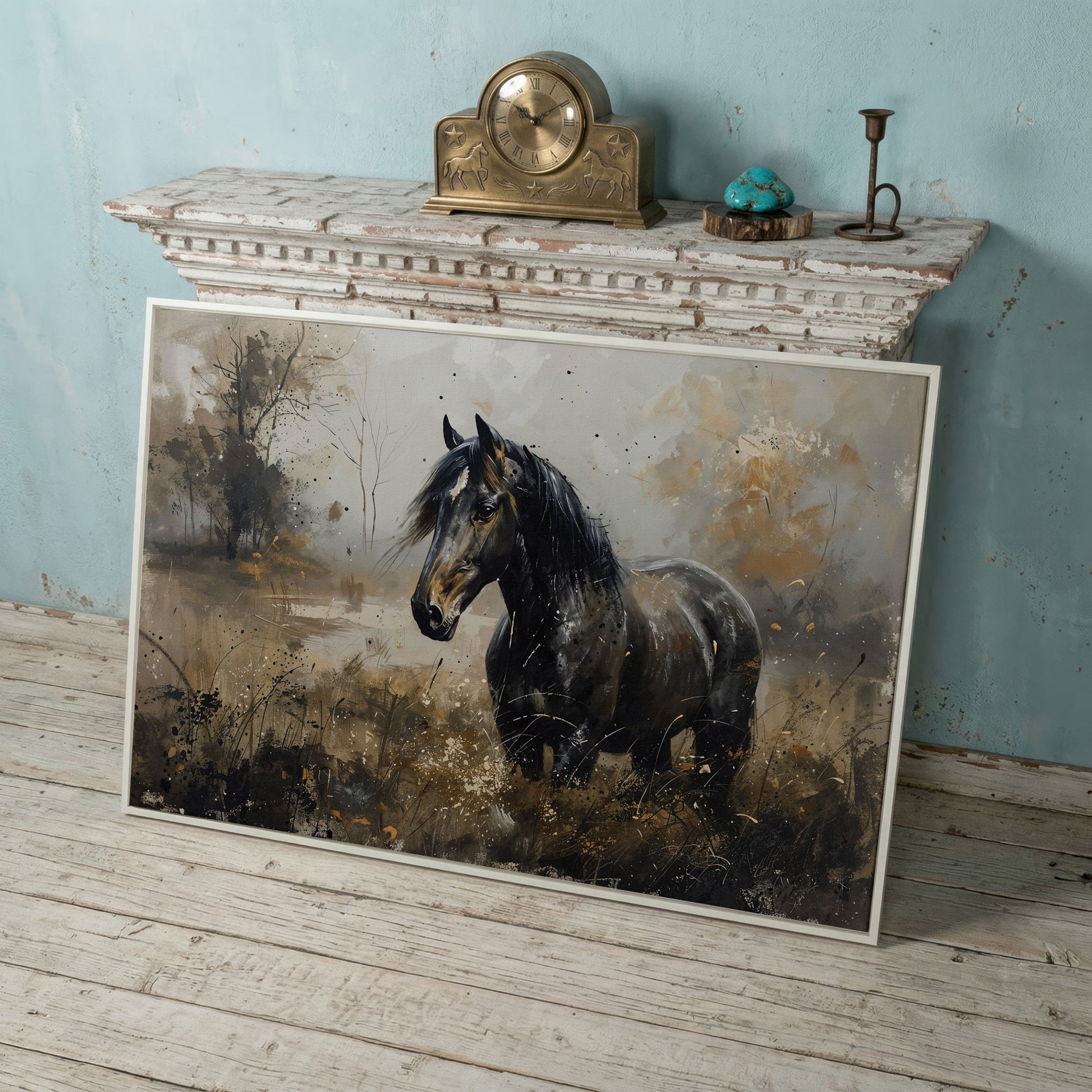 Black Wild Horse in Open Field Canvas in white floating frame