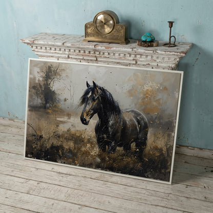 Black Wild Horse in Open Field Canvas in white floating frame