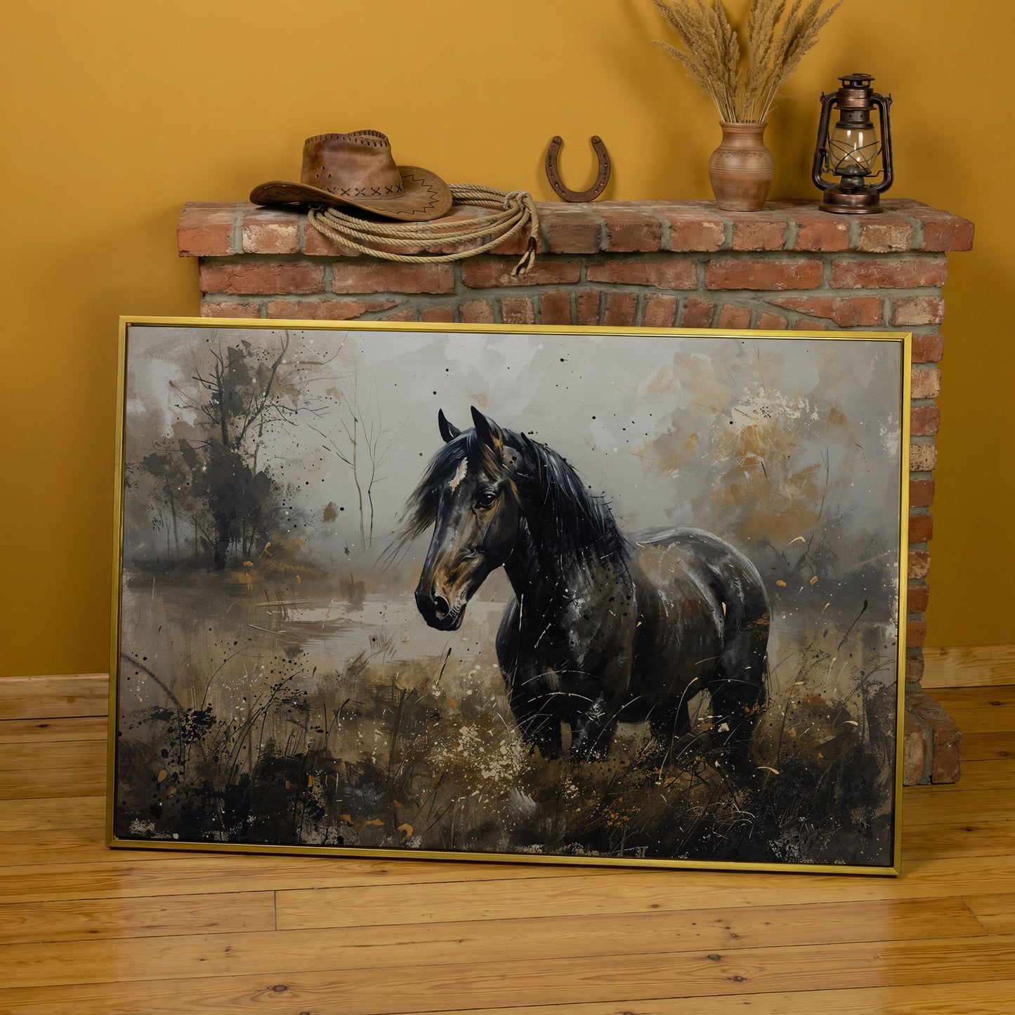 Black Wild Horse in Open Field Canvas in yellow gold floating frame