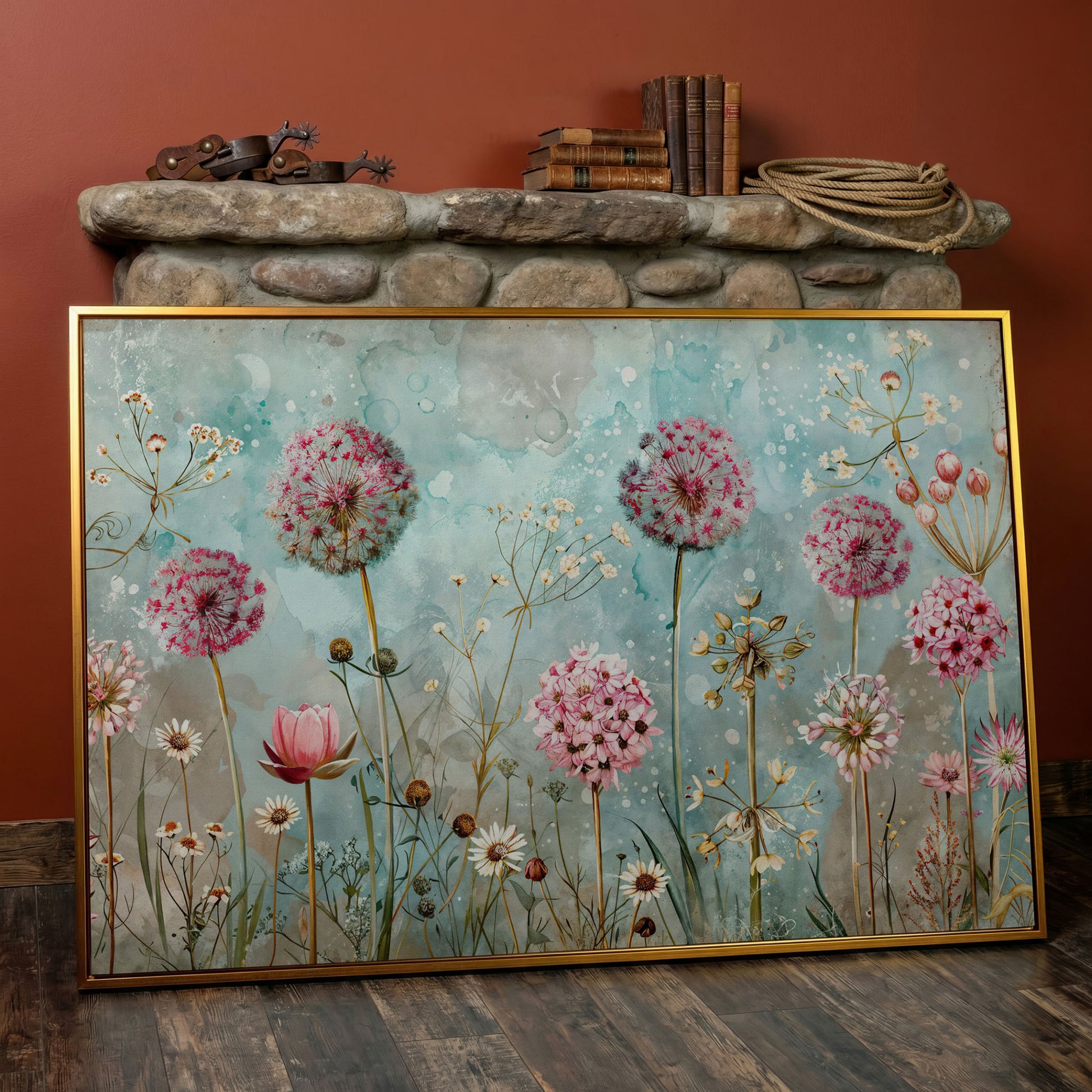 Pastel Floral Meadow with Dandelions Canvas Print in antique gold floating frame