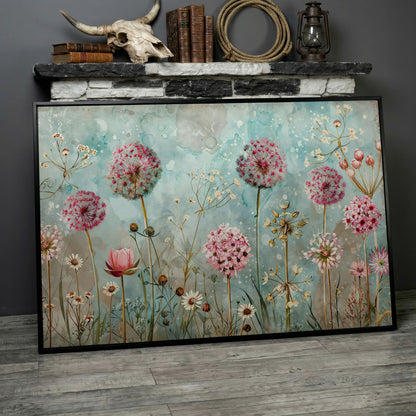 Pastel Floral Meadow with Dandelions Canvas Print in black floating frame