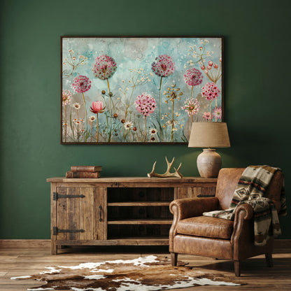 Pastel Floral Meadow with Dandelions Canvas Print in dark walnut floating frame