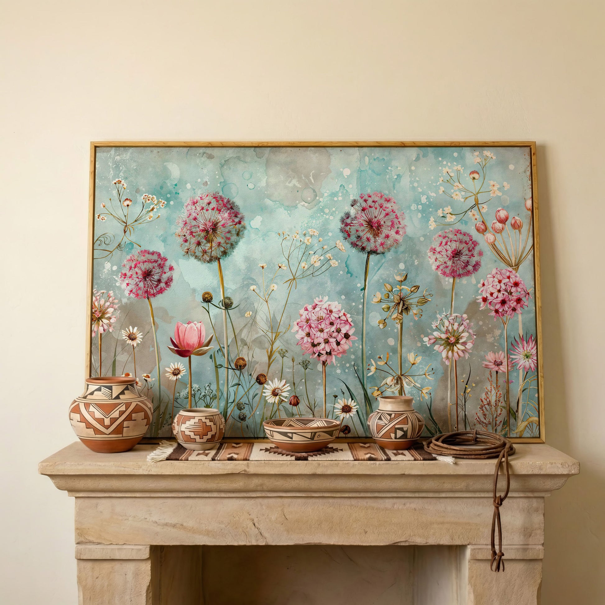Pastel Floral Meadow with Dandelions Canvas Print in white oak floating frame