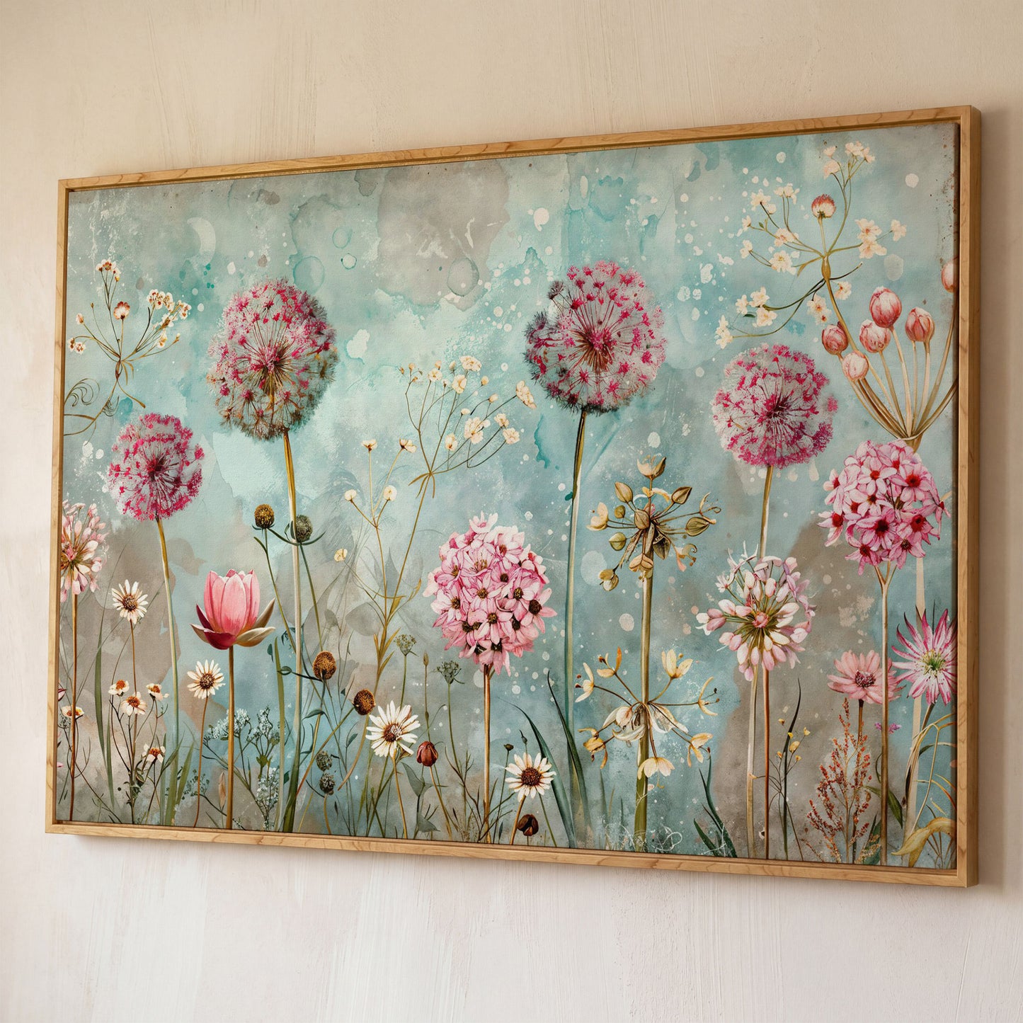 Pastel Floral Meadow with Dandelions Canvas Print shown in white oak floating frame
