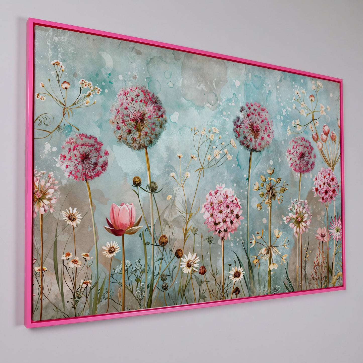 Pastel Floral Meadow with Dandelions Canvas Print in pink floating frame