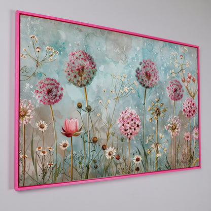 Pastel Floral Meadow with Dandelions Canvas Print in pink floating frame