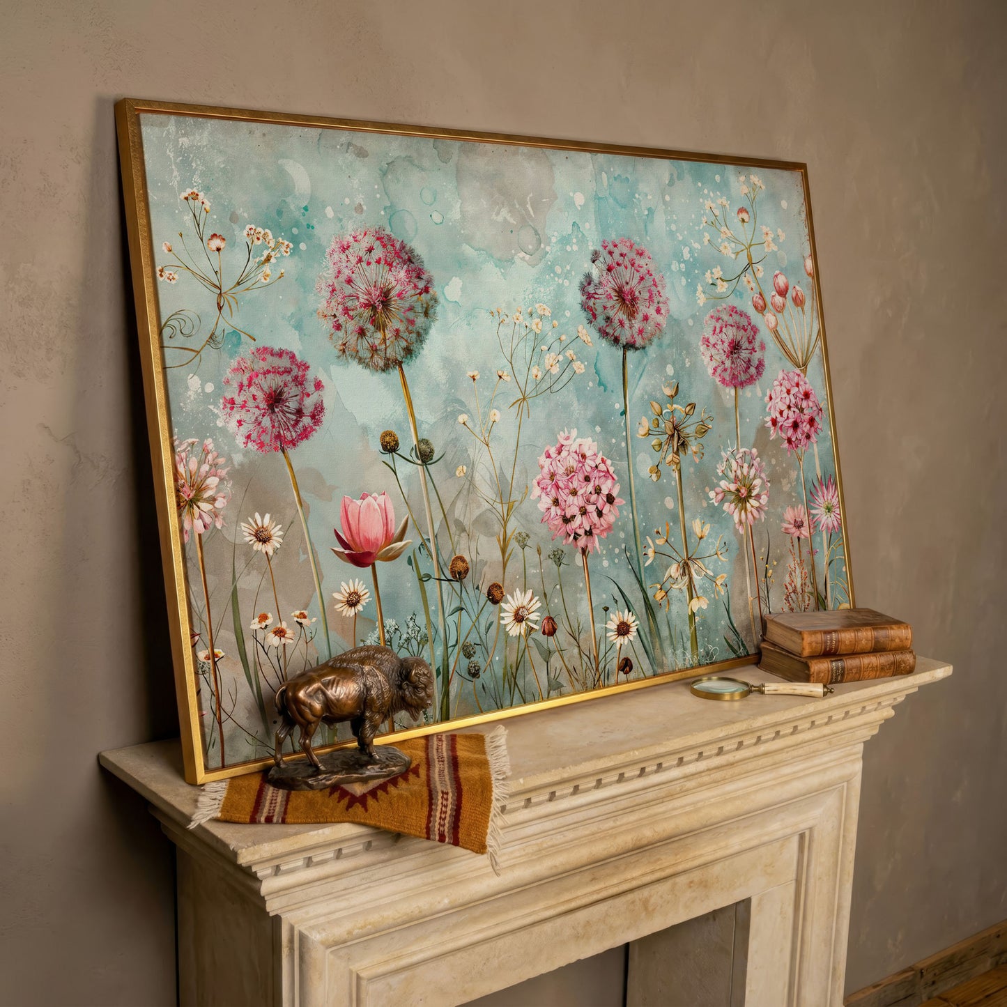 Pastel Floral Meadow with Dandelions Canvas Print in rose gold floating frame