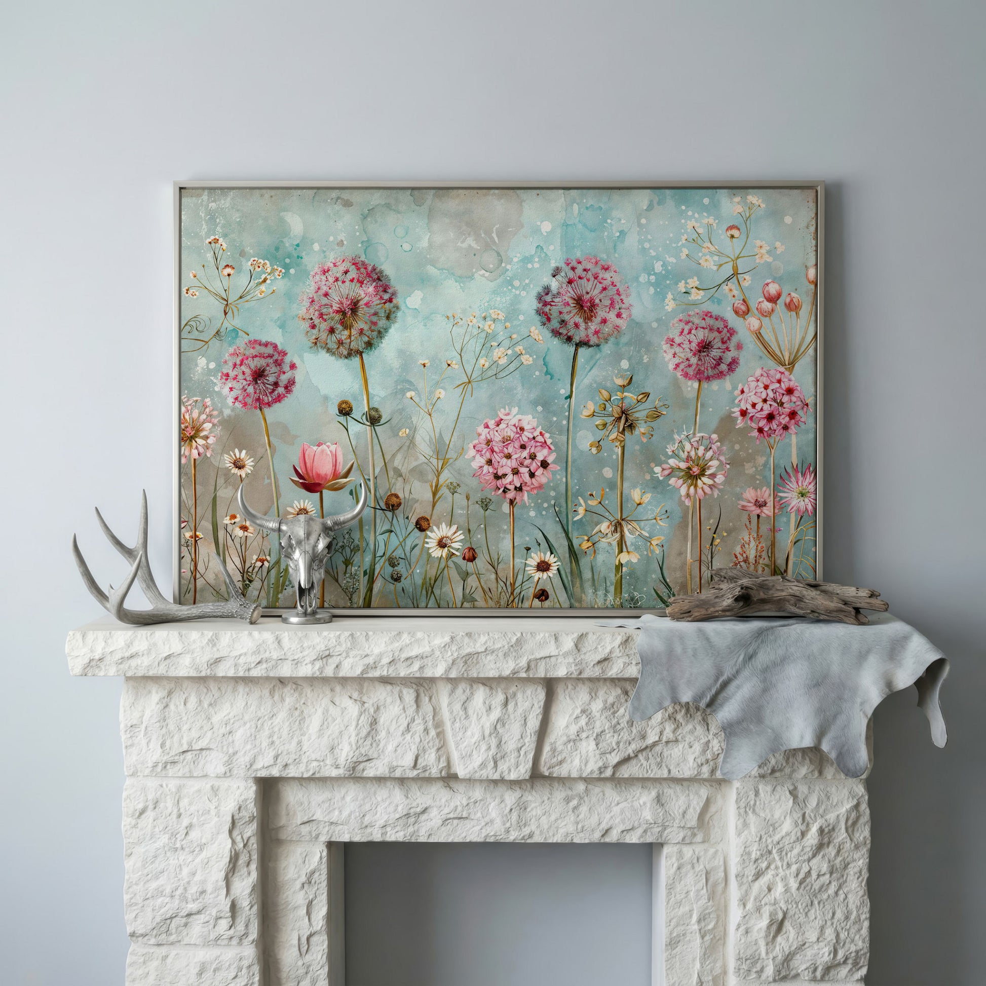 Pastel Floral Meadow with Dandelions Canvas Print in silver floating frame
