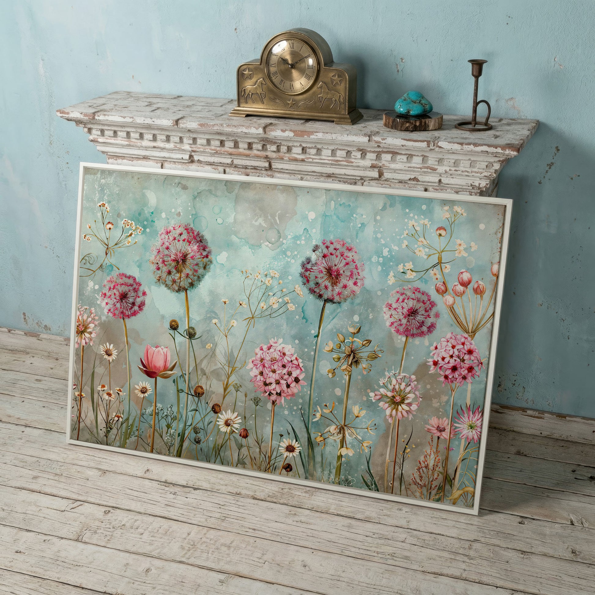 Pastel Floral Meadow with Dandelions Canvas Print in white floating frame
