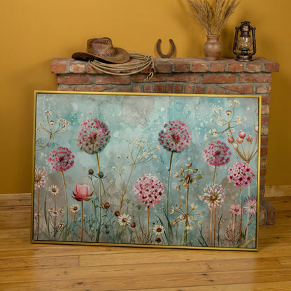 Pastel Floral Meadow with Dandelions Canvas Print in yellow gold floating frame