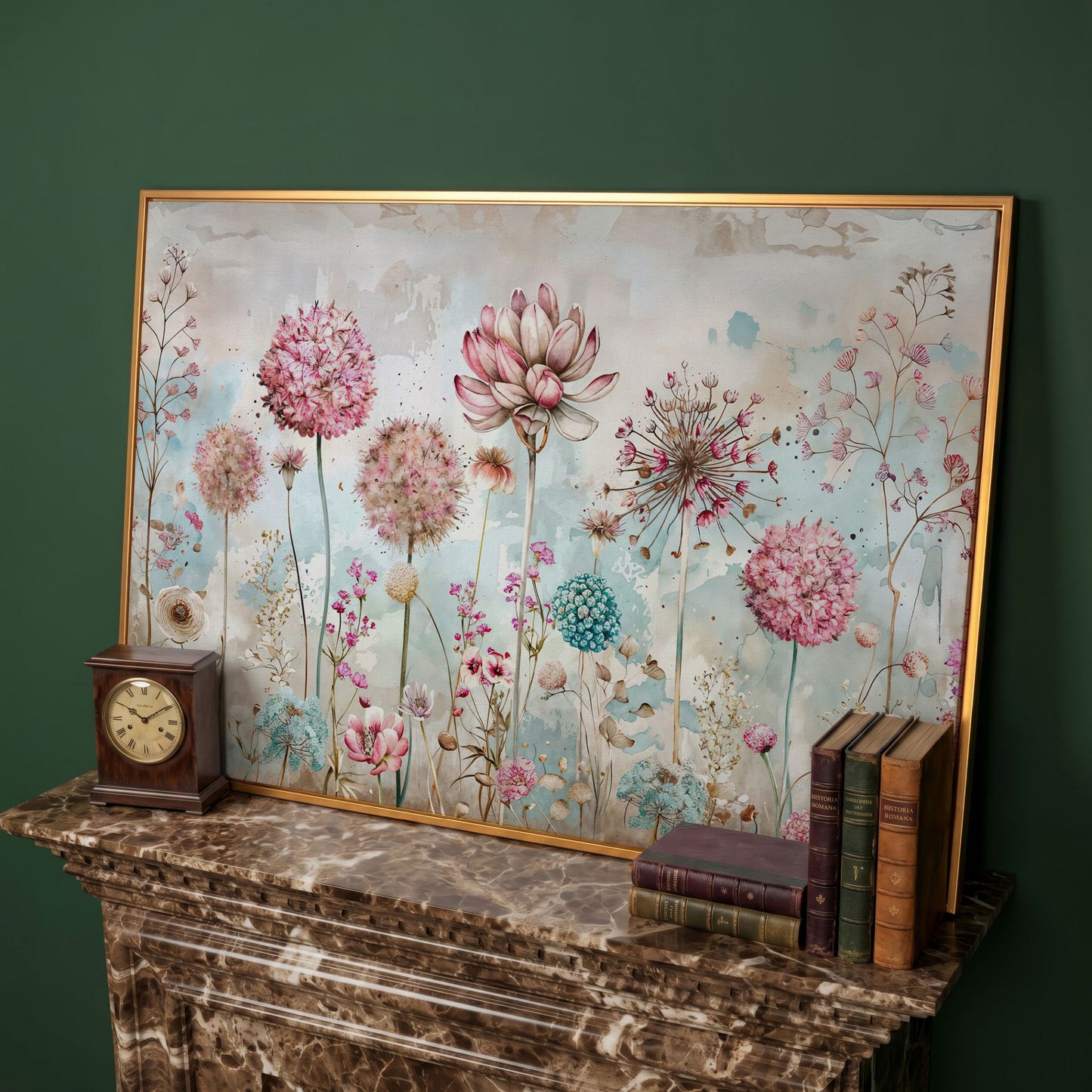 Elegant Floral Fantasy Garden Canvas Print in antique gold floating frame