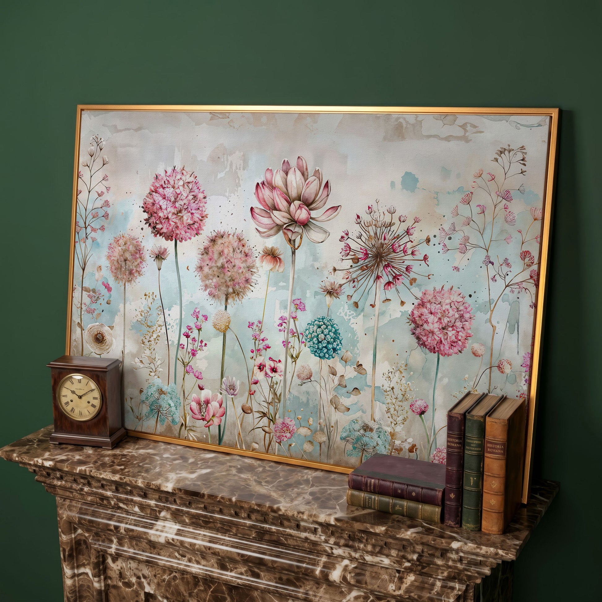 Elegant Floral Fantasy Garden Canvas Print in antique gold floating frame